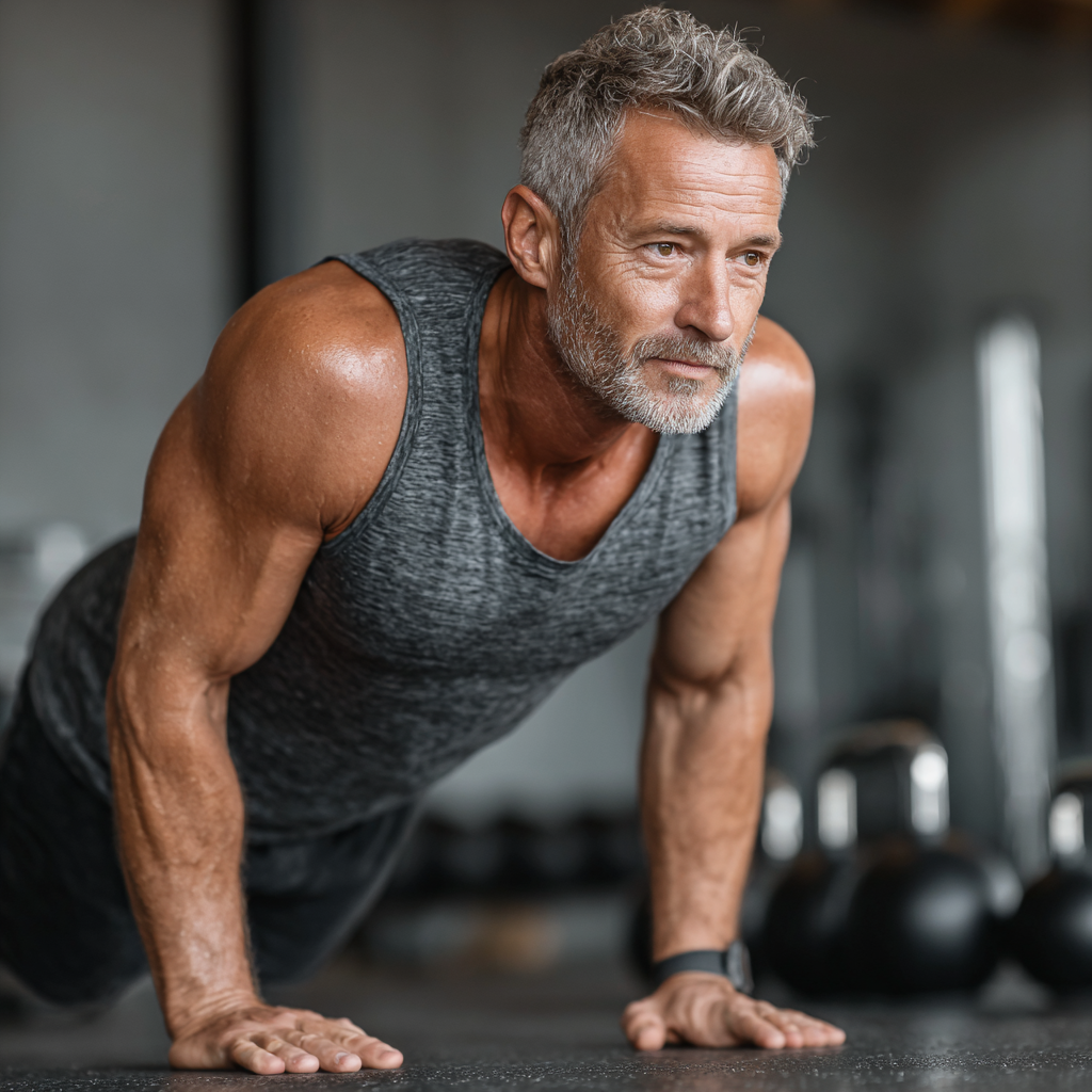 Confident middle-aged man demonstrating excellent physical control during bodyweight exercise routine