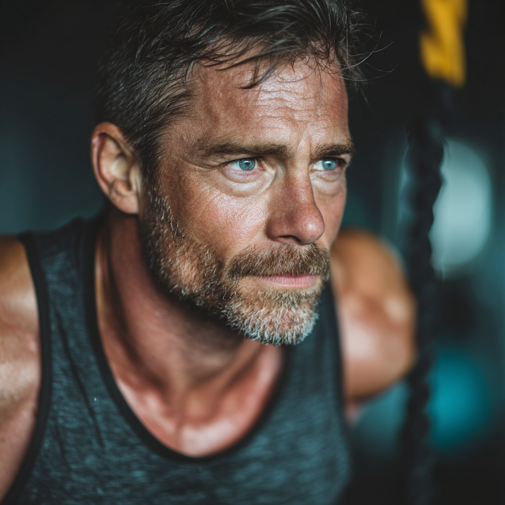 Focused mature man performing functional training exercises in a modern gym setting